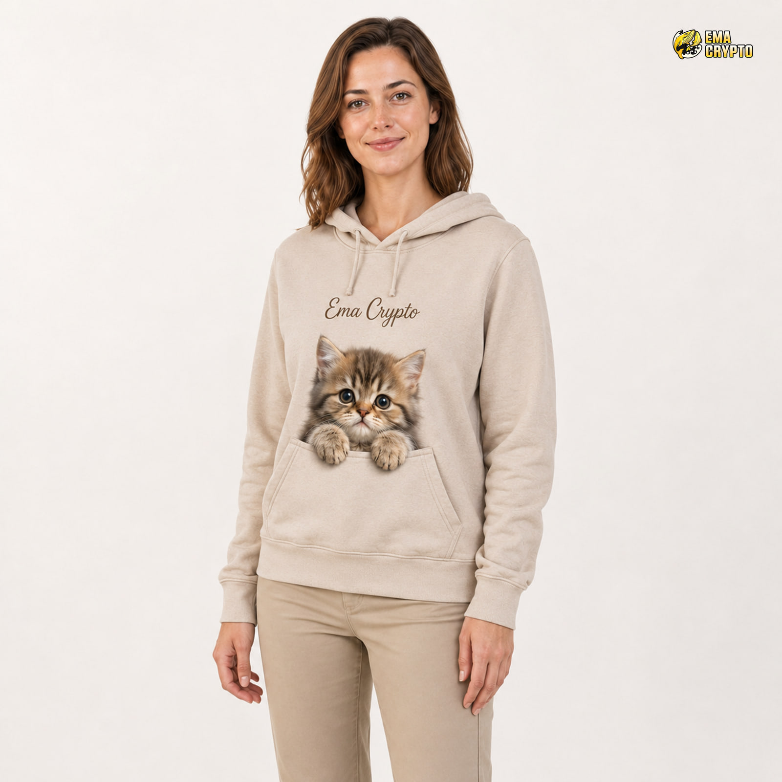 Playful Kitten Pocket Peek Hoodie Hoodie — Adult Female Three-Quarter