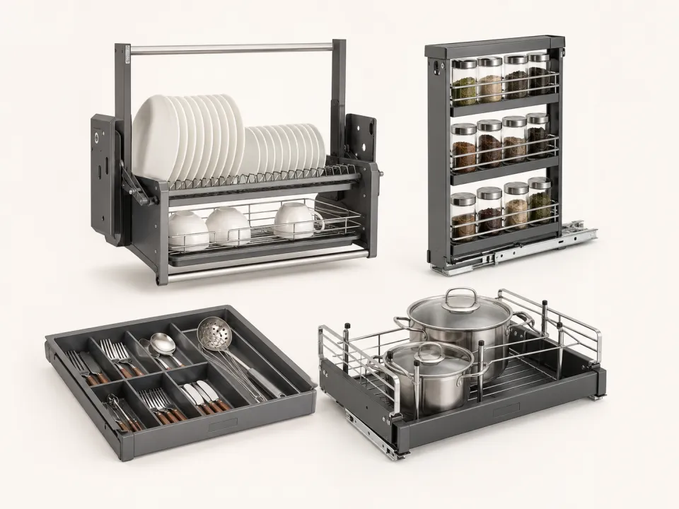 Giá bát nâng hạ bằng inox trong tủ bếp