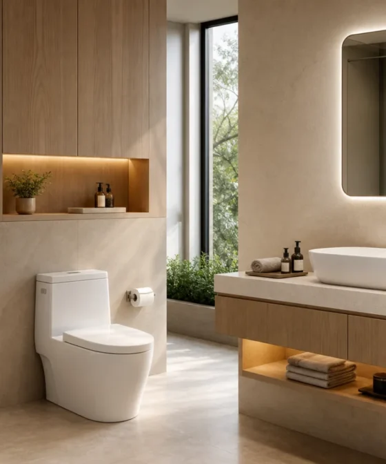 Không gian phòng tắm hiện đại với lavabo và thiết bị vệ sinh